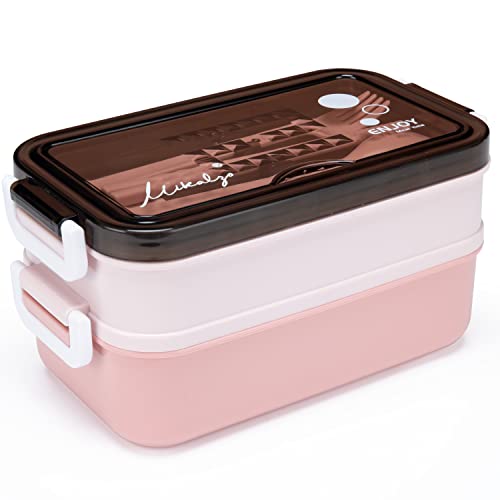 Mikalzo® Lunchbox - auslaufsicher mit Besteck - Essensbehälter in 3 Ebenen - BPA Frei - in verschiedenen Farben (Rosa) von Mikalzo