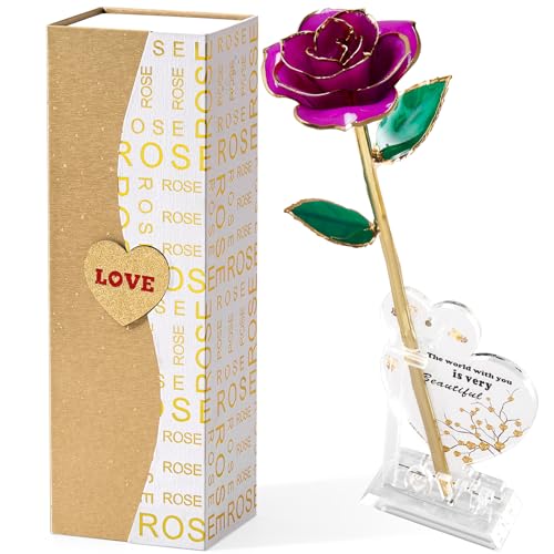 Mikasol Gold Getaucht 24K FüR Immer Bewahrte Rose, Flower Decor Hand Eingetaucht Romantisches Geschenk FüR Frauen In Ihre Frau Freundin GeburtstagsjubiläUm Valentines Muttertag Weihnachten (Lila) von Mikasol