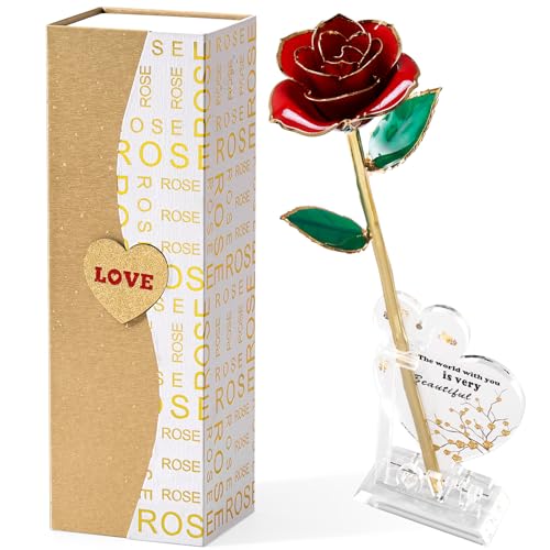 Mikasol Gold Getaucht 24K FüR Immer Bewahrte Rose, Flower Decor Hand Eingetaucht Romantisches Geschenk FüR Frauen In Ihre Frau Freundin GeburtstagsjubiläUm Valentines Muttertag Weihnachten (Rot) von Mikasol