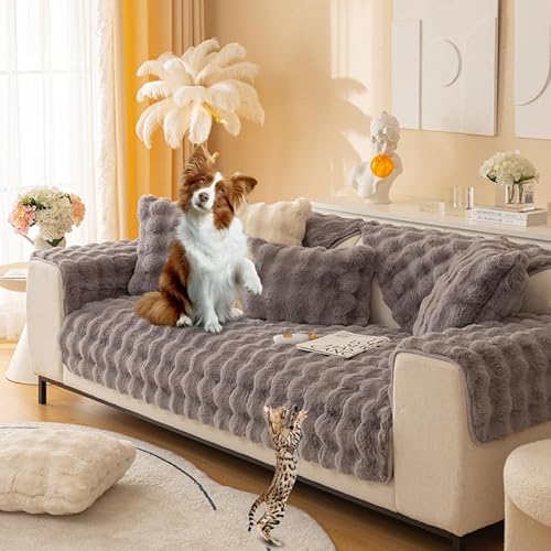 Kaninchen Plüsch Sofabezug 1 2 3 4 Sitzer Sofaschoner Rutschfeste Couchbezug L Form Ecksofa Super Weiche Sofa Bezüge Universelle Sofahusse Sofaschutz Hund Kratzschutz Katze(hellgrau-110×180CM) von Mikayia