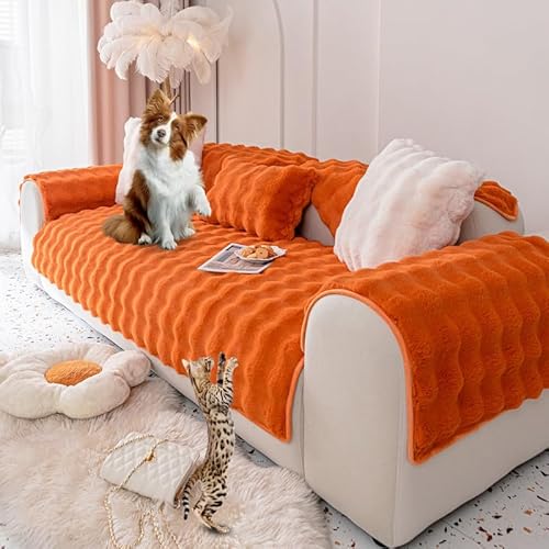 Kaninchen Plüsch Sofabezug 1 2 3 4 Sitzer Sofaschoner Rutschfeste Couchbezug L Form Ecksofa Super Weiche Sofa Bezüge Universelle Sofahusse Sofaschutz Hund Kratzschutz Katze(orange Farbe-45×45CM) von Mikayia