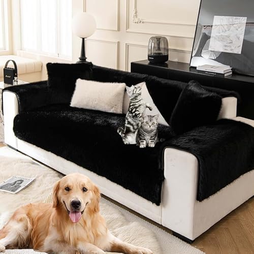 Kunstfell Sofabezug Sofa Überzug Winter Dicker Flauschiger Sofabezüge Plüsch Schonbezug Sofaüberzug Ecksofa L Form Sofaüberwurf Sofaschoner Hund Katze Sofaschutz Faux Fur Sofabezug(Black-90×180cm) von Mikayia