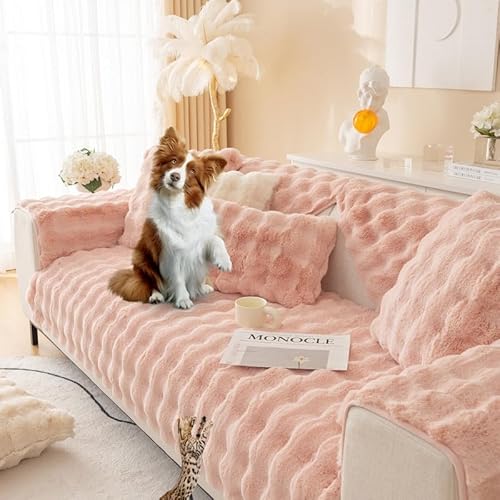 Mikayia Kaninchen Plüsch Sofabezug 1 2 3 4 Sitzer Sofaschoner rutschfeste Couchbezug L Form Ecksofa Super Weiche Sofa Bezüge Universelle Sofahusse Sofaschutz Hund Kratzschutz Katze(Rosa-110×240CM) von Mikayia