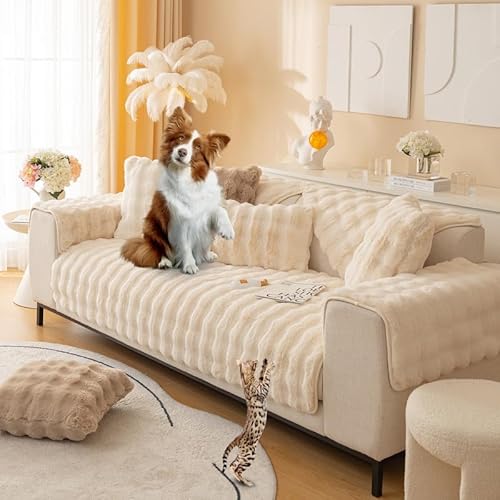 Mikayia Kaninchen Plüsch Sofabezug Sofa Überzug Ecksofa L/U Form Sofabezüge Superweiche SofaÜberwurf Universelle Sofaschoner rutschfest Hund Katze Sofaschutz Sofa Überwurfdecke(Cremefarben-70×150CM) von Mikayia