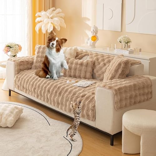 Mikayia Kaninchen Plüsch Sofabezug Sofa Überzug Ecksofa L/U Form Sofabezüge Superweiche SofaÜberwurf Universelle Sofaschoner rutschfest Hund Katze Sofaschutz Sofa Überwurfdecke(Khaki-45×45CM) von Mikayia