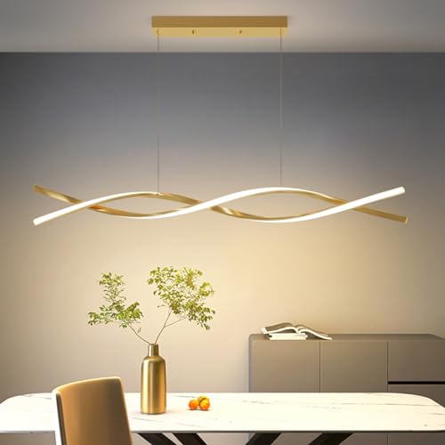 Mikeru 100cm Dimmbare Hängende Pendelleuchte, Goldene Kücheninsel Leuchten mit Memory-Funktion 3000K Warmweißes/4500K Neutrales/6000K Kaltweißes Büro Pendelleuchte LED für Wohnzimme von Mikeru