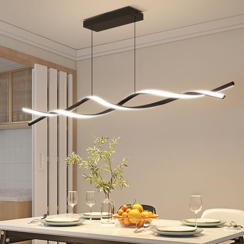 Mikeru 150CM Wave Pendelleuchte, Moderne Schwarze Welle Insel Licht 3000K/4500K/6500K 3 Farben 10%-100% Dimmbar Linear Kronleuchter Einstellbare Kabellänge 1-150CM für Esszimmer, Wohnzimmer von Mikeru