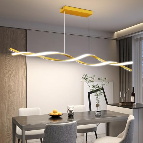 Mikeru 150cm Wave Pendelleuchte, Gold LED Linear Pendelleuchte 3000K/4500K/6500K Esszimmer Lampe Hängend 10%-100% Dimmbar Höhenverstellbar Hängelampen mit Memory-Funktion für Kücheninsel von Mikeru