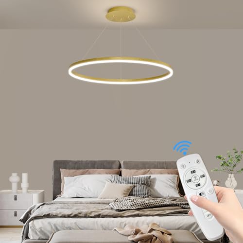 Mikeru 60cm Moderne Pendelleuchte LED, Dimmbar Pendelleuchte mit Memoryfunktion 10% Bis 100% Hängelampe Esstisch 3000k/4500k/6500k Gold Pendelleuchte 1 Ringe für Esszimmer, Wohnzimmer von Mikeru