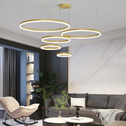 Mikeru LED Pendelleuchte Ringe 30+40+60+80+100cm, 5 Ringe LED Dimmbare Hängeleuchte Modern Esszimmer 3000K/4500K/6500K Goldener höhenverstellbarer Kronleuchter 10% Bis 100% für Wohnzimmer, Lofts von Mikeru