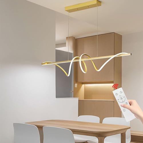 Mikeru LED Pendelleuchte Esstisch, Modernes Spirale-Design Stufenlos dimmbare Kronleuchter mit Fernbedienung Memory-Funktion, Höhenverstellbare Esszimmerlampe, Für Küche, Wohnräume, 120cm Gold von Mikeru