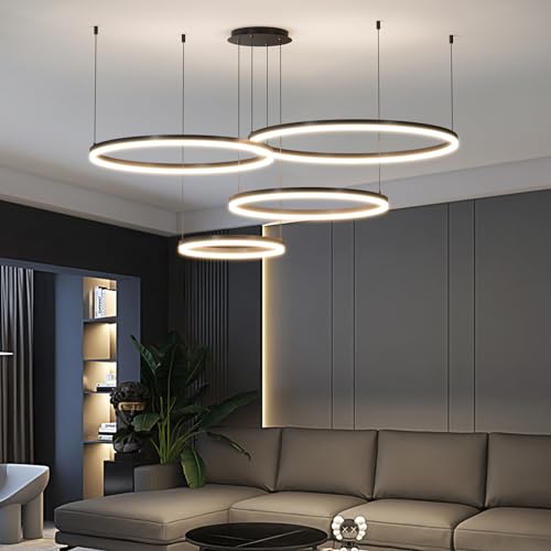Mikeru Led Pendelleuchte, Wohnzimmerlampe 30+40+60+80cm Verstellbare Runde Pendellampe, 125w 4-Ring Kreisförmige Led Hängelampe Mit Memory-Funktion 10%-100% Dimmbarer Kronleuchter Kücheninsel von Mikeru