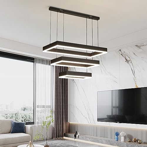 Mikeru Moderne LED-Pendelleuchte, 40+60+80CM Schwarz Dimmbare Esszimmerleuchte mit Memory-Funktion Dimmbar 10%-100% 3000-6000K Hochhängende Beleuchtungsarmatur mit Fernbedienung für Küche Indoor von Mikeru