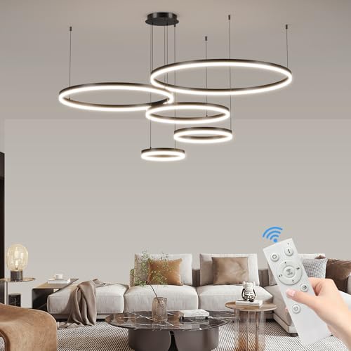 Mikeru Moderne LED Pendelleuchte, Wohnzimmer Kronleuchter Φ 30+40+60+80+100cm 5 Ring Runde Pendelleuchte, 145 Watt Moderne LED Indoor Große mit Memory 10%-100% Dimmbar Decken-Hängelampe von Mikeru