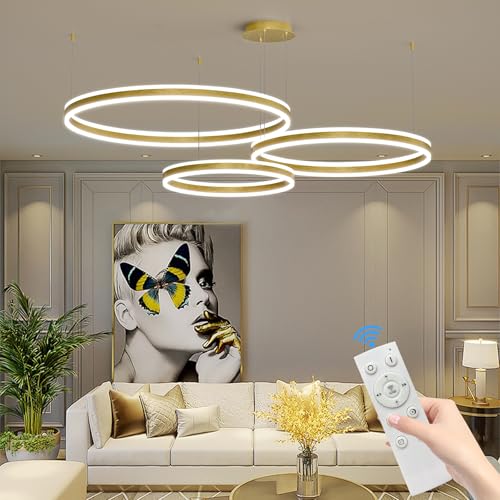 Mikeru Pendelleuchte, Gold Wohnzimmerlampe ø40+60+80CM Runde Pendellampe, 85w 3-Ring Kreisförmige Led Hängelampe Oben und unten leuchtend Mit Memory-Funktion 10%-100% Dimmbarer Kronleuchter von Mikeru