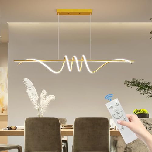 Mikeru LED Pendelleuchte Esstisch, Modernes Spirale-Design Stufenlos dimmbare Kronleuchter mit Fernbedienung Memory-Funktion, Höhenverstellbare Esszimmerlampe, Für Küche, Wohnräume, 150cm Gold von Mikeru