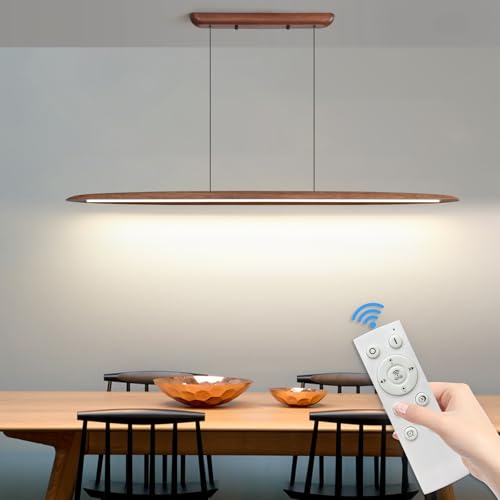 Mikeru Pendelleuchte Holz 130cm, Pendelleuchte Esstisch 3000K/4500K/6000K Pendelleuchten Dimmbar Memoryfunktion 10% bis 100% Walnuss Küchenlampe Hängend für den Einsatz in Wohnräumen von Mikeru