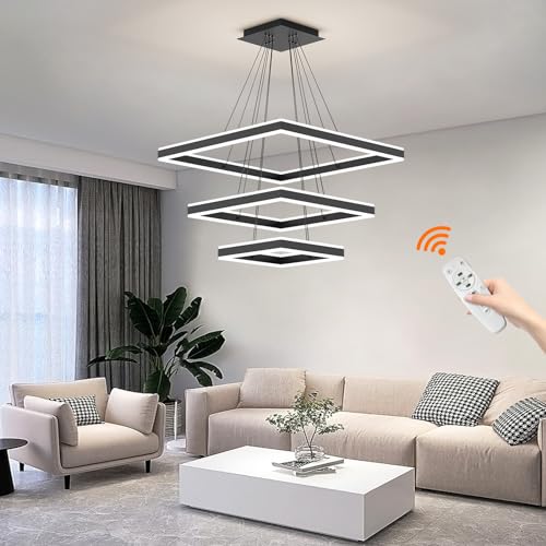 Mikeru LED Esstisch Pendelleuchte, 3-Ring Moderne Quadratischer Kronleuchter, Dimmbar mit Fernbedienung Deckenbeleuchtung, Oberer und unterer beleuchteter Wohnzimmerlampe von Mikeru