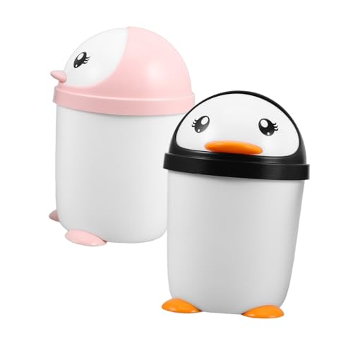 Mikikit 2 Stück Mini Mülleimer mit Deckel Süßer Pinguin Tischabfalleimer aus Kunststoff Kompakter Schreibtisch Mülleimer für Auto Büro und Zuhause Abnehmbar und Leicht zu Reinigen von Mikikit