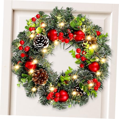 Mikikit Weihnachtlicher PVC Türkranz mit Warmweißen LED Lichtern Langlebiger Weihnachtsdekorationskranz für Haustür Wand Kamin Kabellose Beleuchtung ohne Batterien von Mikikit