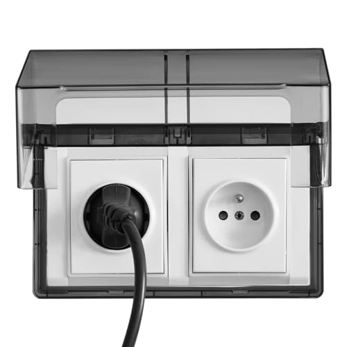 Mikinona 1 Stück Wasserdichte Steckdosenabdeckung für Doppelstecker Selbstklebendes Schutzcover für Bad Küche und Wohnzimmer Spritzwassergeschützt Transparent Schwarz Robust und Langlebig von Mikinona