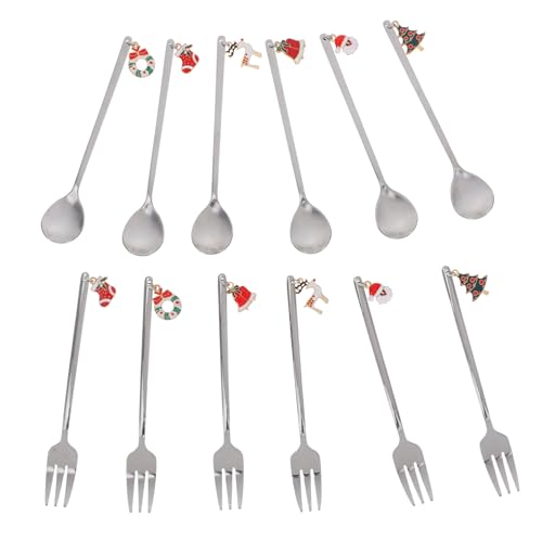 Mikinona 12 Stück Teiliges Besteckset Weihnachtsdesign Kaffeerührende Löffel und Gewürzgabeln Vielseitig für Dessert Getränke und Festliche Tischdekoration Spülmaschinenfest Robust und von Mikinona