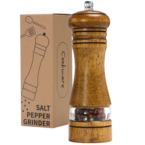 Salz- und Pfeffermühlen-Set aus Holz, Premium Eichenholz-Streuer, Pfeffermühle mit Acrylfenster und einstellbarem Keramikmahlwerk – 16.5 cm, 1 Stück von Mikinya