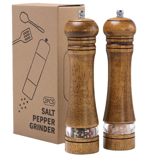 Salz- und Pfeffermühlen-Set aus Holz, Premium Eichenholz-Streuer, Pfeffermühle mit Acrylfenster und einstellbarem Keramikmahlwerk – 22 cm, 2er-Set von Mikinya