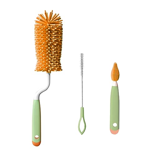 Baby Flaschenbürste Set, Flaschenbürsten Set, 3 in 1 Silikon Babyflaschenbürste für Babyflaschenbürste und Sauger, BPA-frei, mit Weicher Bürste, Nippelbürsten-Strohreiniger, Grün von Mikiuly