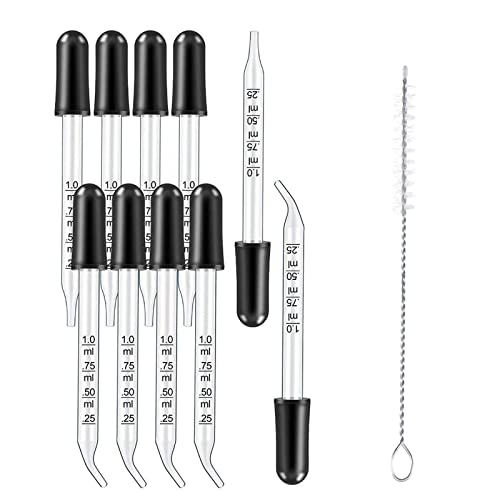 Glas Pipetten,Glas Pipette Dropper, Augentropfer,Glas Transfer Pipetten,Messpipetten Glass Mit Reinigungsbürste, gebogene und gerade Spitze kalibrierte Glastropfensets für ätherische Öle,11 Stück(1mL) von Mikiuly