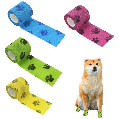 Mikiuly Selbstklebende Bandage für Haustiere, Haustiere Selbstklebender Verband,4pcs Pet Cohesive Bandages, Elastische Kohäsive Haftbandage,Kohäsive Fixierbinde, für Hund,Katze, Wrap Klebeverband von Mikiuly