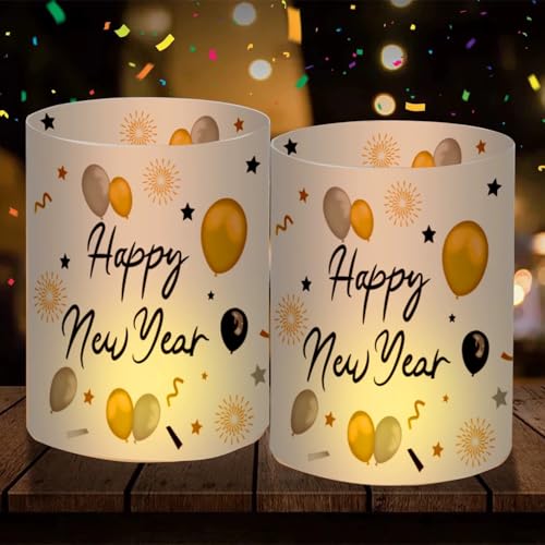 12 Windlicht Tischdeko Silvester Windlicht Silvester Deko 2026 Happy New Year Deko, Silvesterdeko Party Set, Geeignet für Teelichter oder Kerzen Silvesterparty Deko Neujahr von Mikocofo