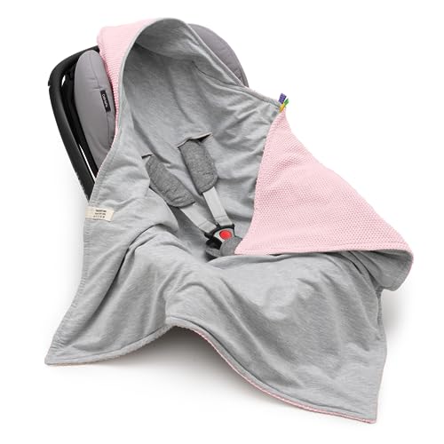 Mikos® Baby Einschlagdecke GOTS zert. 100% Bio Baumwolle Strickdecke Baumwolldecke für Autositz Für Kinderwagen Buggys z.B. Maxi Cosi Rosa Beige 3 Punkt Gurt (45) (Rosa) von Mikos