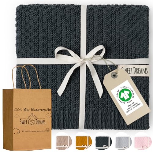 Mikos Babydecke GOTS 100% Bio Baumwolle-Weiche Strick Kuscheldecke Baumwolle-Warme Baumwolldecke für Neugeborene - Perfekt für Baby Erstausstattung - Vielseitige Baby Winterdecke (1043 Dunkelgrau) von Mikos