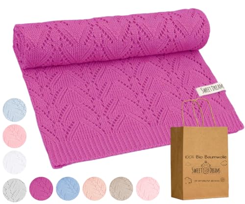 Mikos* 100% Bio-Baumwoll Leichte Babydecke - Ajourmuster - Perfekt für Sommer & Frühling - Strickdecke für Babys, Kinder und Neugeborene Hypoallergen 80x100cm (28) (Fuchsja) von Mikos
