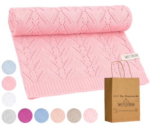 Mikos* 100% Bio-Baumwoll Leichte Babydecke - Ajourmuster - Perfekt für Sommer & Frühling - Strickdecke für Babys, Kinder und Neugeborene Hypoallergen 80x100cm (28) (Rosa) von Mikos