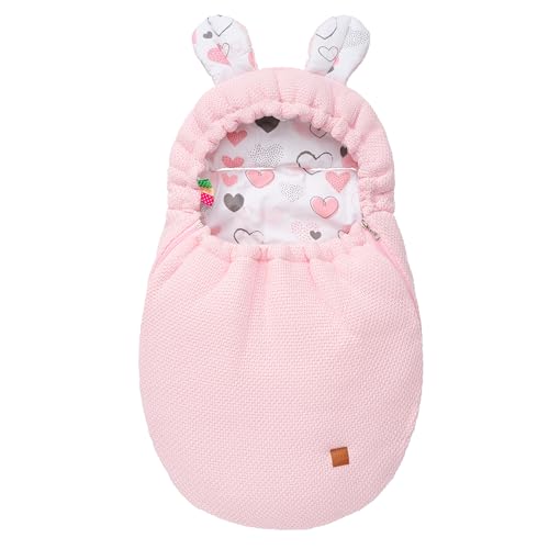 Mikos Einschlagdecke Babyschale 100% Baumwolle GOTS Zert. Frühjahr Strickdecke Fußsack mit Zip Baby mit Füllung Universal für Kinderwagen Buggys Frühling Maxi Cosi 3 Punkt Gurt (50) (Rosa) von Mikos