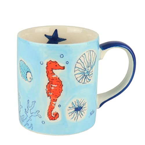 Mila Keramik-Becher Save The Ocean ca. 250ml Maritime Tee- und Kaffee-Tasse mit Meer-Motiven wie Seestern Seepferd Koralle Krabbe Krebs als Geschenk zur Urlaubs-Vorfreude von Mila