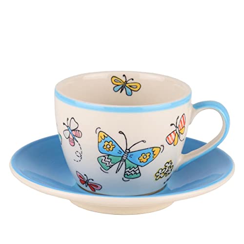 Mila Keramik Cappuccino-Tasse mit Untere Summer Beauty ca. 200ml Becher Tee- oder Kaffee-Mug mit Schmetterlings-, Blumen- & Frühlings-Motiven von Mila