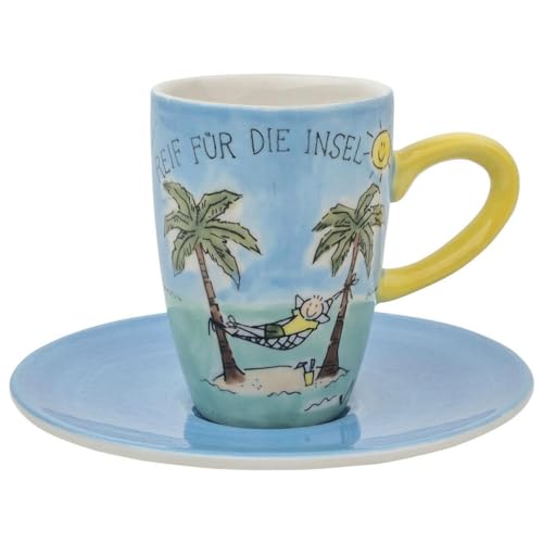 Mila Keramik Espresso-Tasse mit Untere ca. 75ml Reif für die Insel Kaffee-Genuss unter Palmen, Sonne, Meer und Erinnerung an Strand & Urlaub als Geschenk mit positiv sonnigen Aussichten von Mila