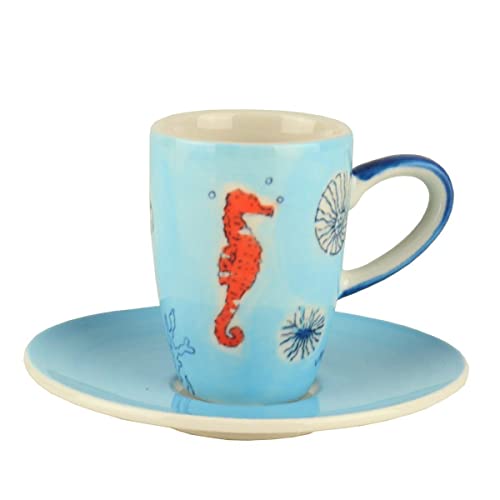 Mila Keramik Espresso-Tasse mit Untere ca. 75ml Save The Ocean Maritime Kaffee-Tasse mit Unterteller Meer-Motive wie Seestern Seepferd Koralle Krabbe Krebs von Mila