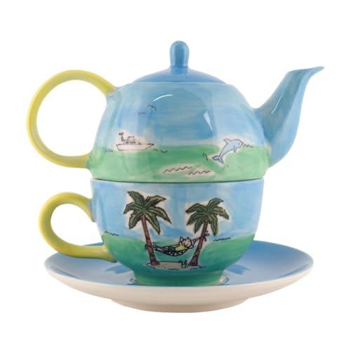 Mila Keramik Tee-Set Tea for One Reif für die Insel Teekanne ca. 400ml mit Tasse und Unter-Tasse EIN-Personen-Service mit Palmen, Meer und Erinnerung an Sommer-Sonne Strand & Urlaub von Mila