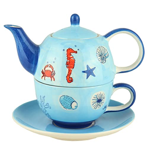 Mila Keramik Tee-Set Tea for One Save The Ocean Maritime Teekanne ca. 400ml mit Tasse ca. 250ml und Unter-Tasse EIN-Personen-Tee-Service mit Meer-Motiven Seestern Seepferd Koralle Krabbe Krebs von Mila