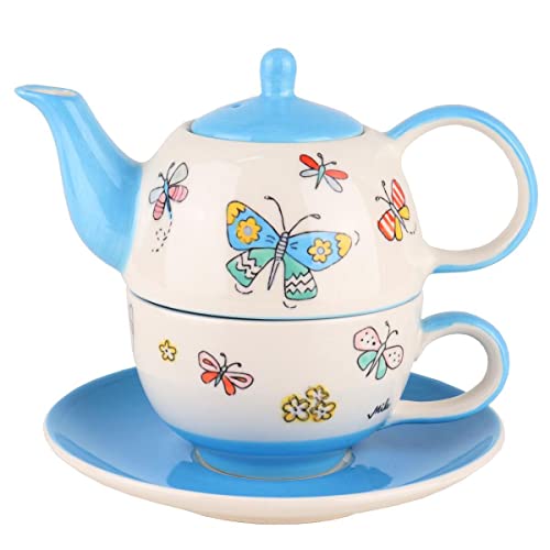 Mila Keramik Tee-Set Tea for One Summer Beauty Teekanne ca. 400ml mit Tasse und Unter-Tasse EIN-Personen-Tee-Service Schmetterlings- und Frühlings-Motiven von Mila