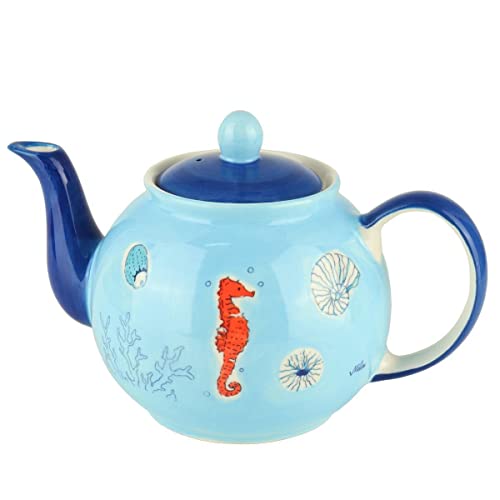 Mila Keramik-Teekanne Save the Ocean ca 1,2 Liter maritime Kaffee-Kanne Cafe-Pot Krug mit Meer-Motiven Seestern Seepferd Koralle Krabbe Krebs von Mila