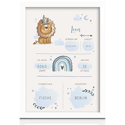 MilaBoo® Personalisiertes Geburtsposter Boho Tiere I Personalisiertes Geschenk zur Geburt I Schönes Kinderzimmer Deko (Ohne Bilderrahmen Blau-Löwe) von Milaboo