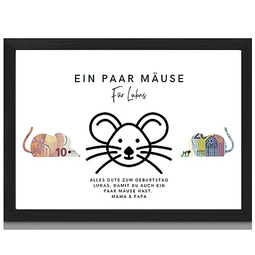 Milaboo® personalisiertes Geldgeschenk zum Geburtstag Mäuse I Hahnemühlen Papier Made in Germany A3 A4 A5 I mit Bilderrahmen schwarz oder weiß von Milaboo