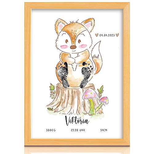 Milaboo® personalisiertes Tierbild DIN A4 mit Baby-Fußabdruck Fuchs | Geburtsposter für das Kinderzimmer I besonderes Geschenk zur Geburt (Farbe nicht enthalten) von Milaboo