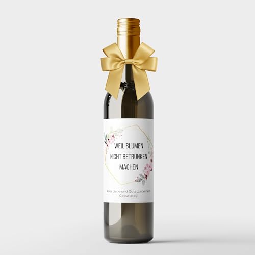 MilaBoo® 2er Set Weinetiketten mit Schleife | Unterschiedliche Anlässe | Edle Flaschenetiketten mit Schleifendeko – Selbstklebend & wasserfest (Geburtstag mit Blumen - gold) von Milaboo