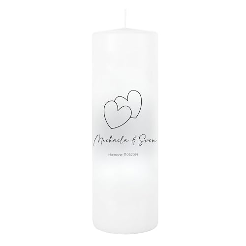 MilaBoo® Hochzeitskerze personalisiert in 8x25cm I Traukerze beidseitig bedruckt in Farbe I Hochzeitsgeschenk für Brautpaar Made in Germany (2 Herzen) von Milaboo
